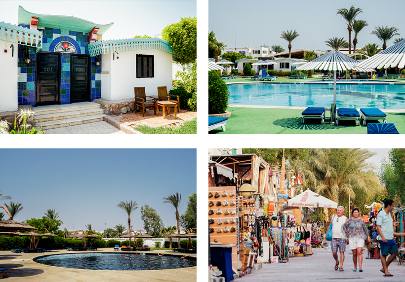 Bungalow und Poolbereiche des Ghazala Beach Hotels / Promenade in Gehweite