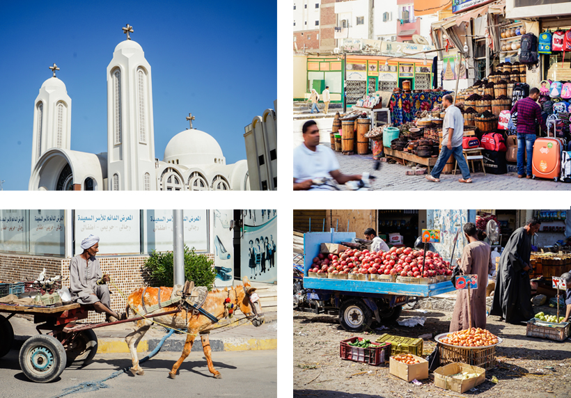 Koptische Kirche, Shops & Straßenverkäufer in der Altstadt von Hurghada 